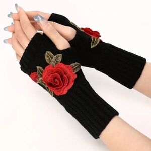 Stylish Black Fingerless Gloves with Red Rose Embroidery